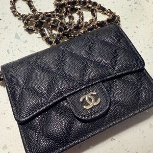Authentic CHANEL Black Quilted Mini Wallet-on-Chain with Gold Hardware